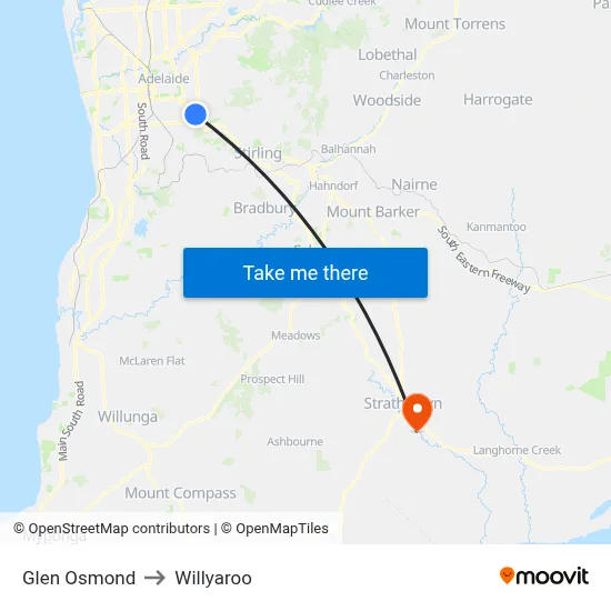 Glen Osmond to Willyaroo map
