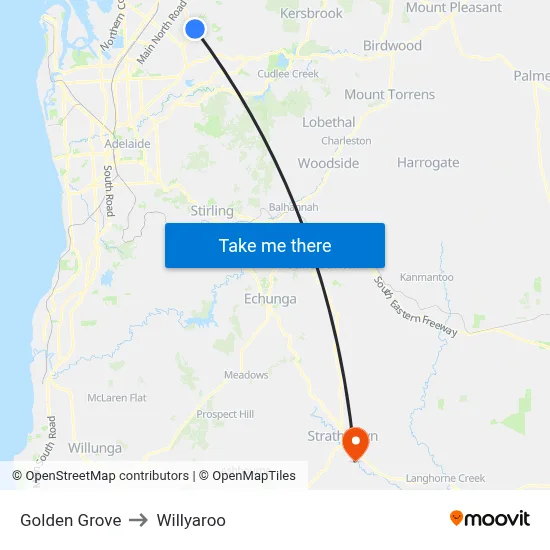 Golden Grove to Willyaroo map