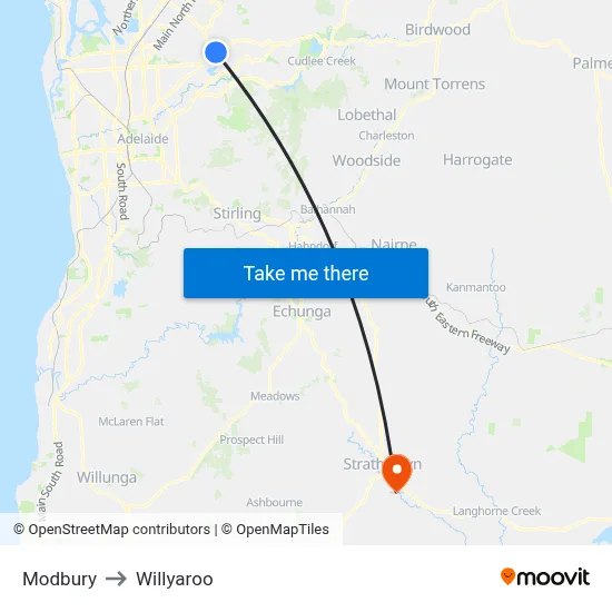 Modbury to Willyaroo map