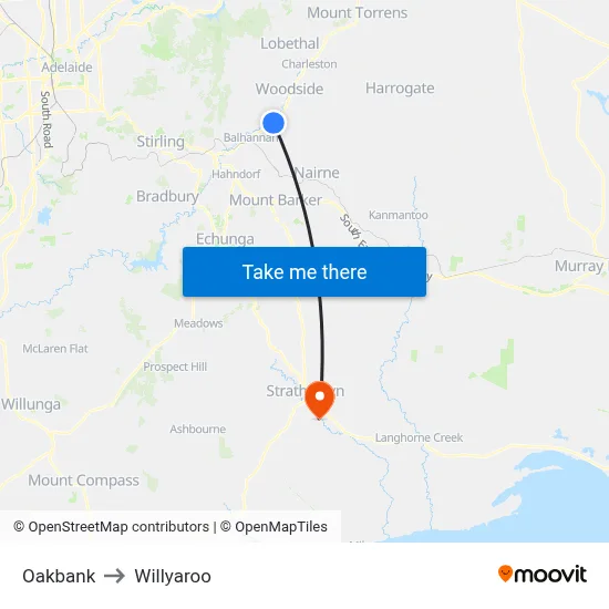 Oakbank to Willyaroo map