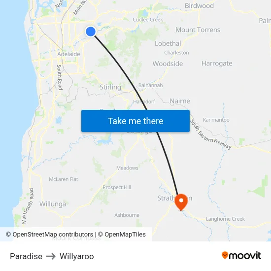 Paradise to Willyaroo map