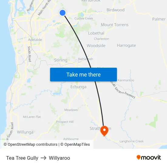 Tea Tree Gully to Willyaroo map