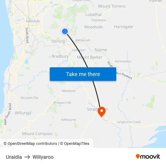 Uraidla to Willyaroo map