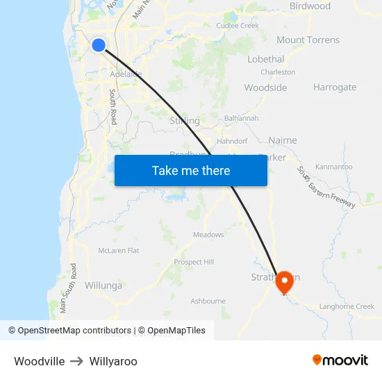 Woodville to Willyaroo map