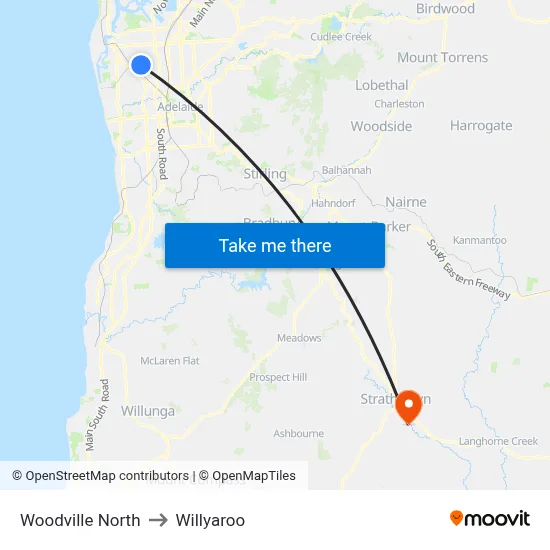 Woodville North to Willyaroo map