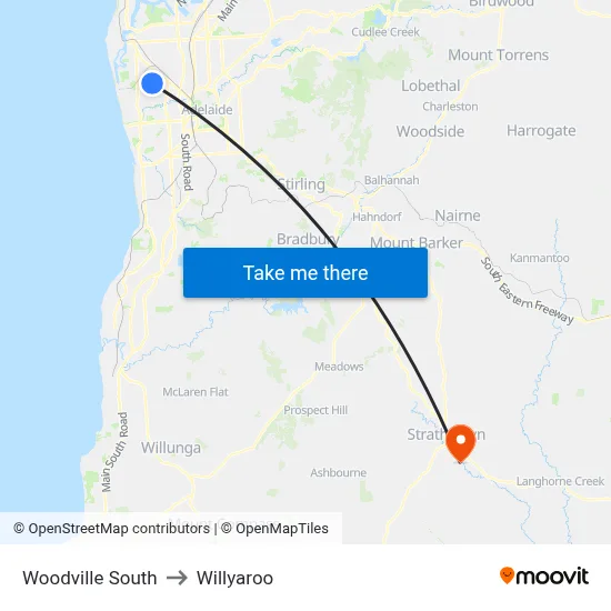 Woodville South to Willyaroo map