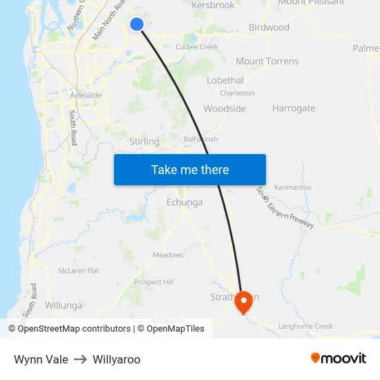 Wynn Vale to Willyaroo map