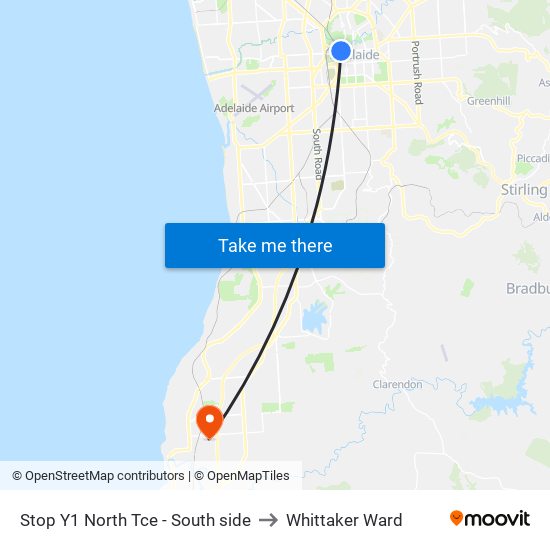 Stop Y1 North Tce - South side to Whittaker Ward map