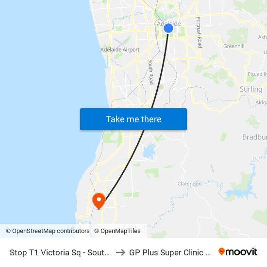 Stop T1 Victoria Sq - South West side to GP Plus Super Clinic Noarlunga map