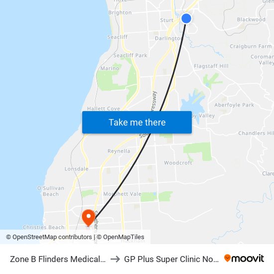 Zone B Flinders Medical Centre to GP Plus Super Clinic Noarlunga map
