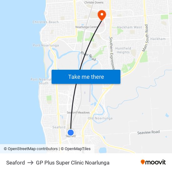 Seaford to GP Plus Super Clinic Noarlunga map