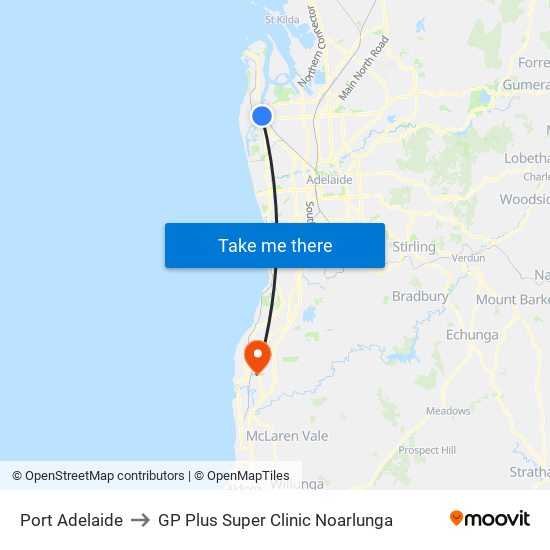 Port Adelaide to GP Plus Super Clinic Noarlunga map