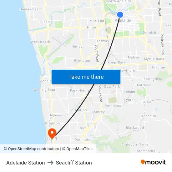 Adelaide Station to Seacliff Station map