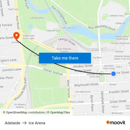 Adelaide to Ice Arena map