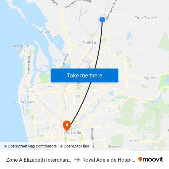 Zone A Elizabeth Interchange to Royal Adelaide Hospital map