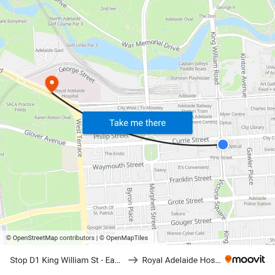 Stop D1 King William St - East side to Royal Adelaide Hospital map