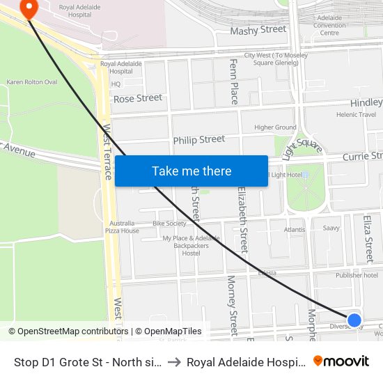 Stop D1 Grote St - North side to Royal Adelaide Hospital map