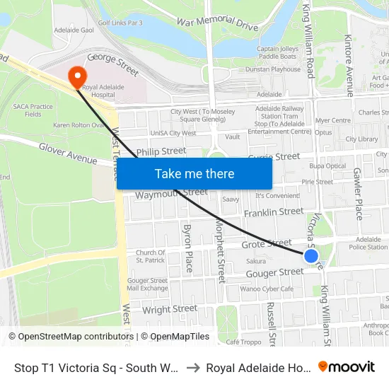 Stop T1 Victoria Sq - South West side to Royal Adelaide Hospital map