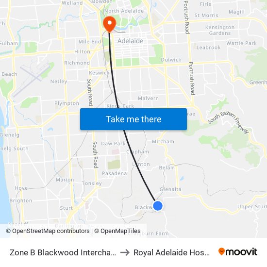 Zone B Blackwood Interchange to Royal Adelaide Hospital map