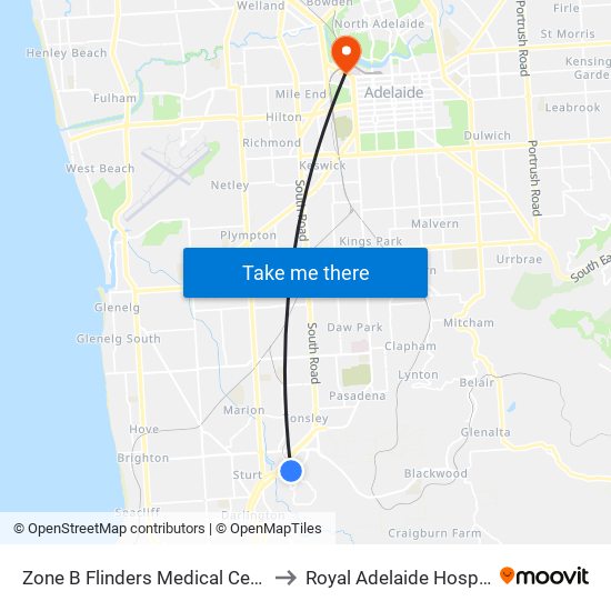 Zone B Flinders Medical Centre to Royal Adelaide Hospital map