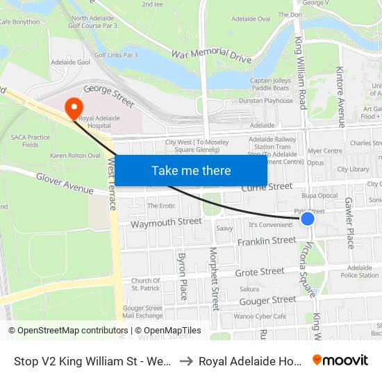 Stop V2 King William St - West side to Royal Adelaide Hospital map