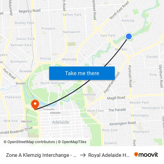 Zone A Klemzig Interchange - East side to Royal Adelaide Hospital map