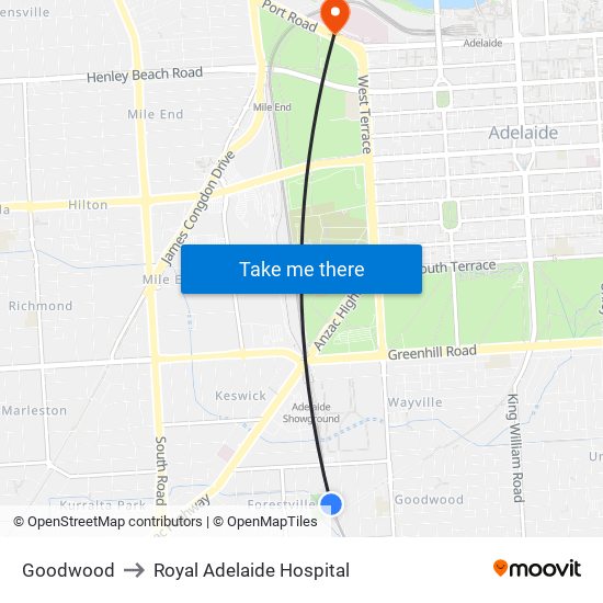 Goodwood to Royal Adelaide Hospital map