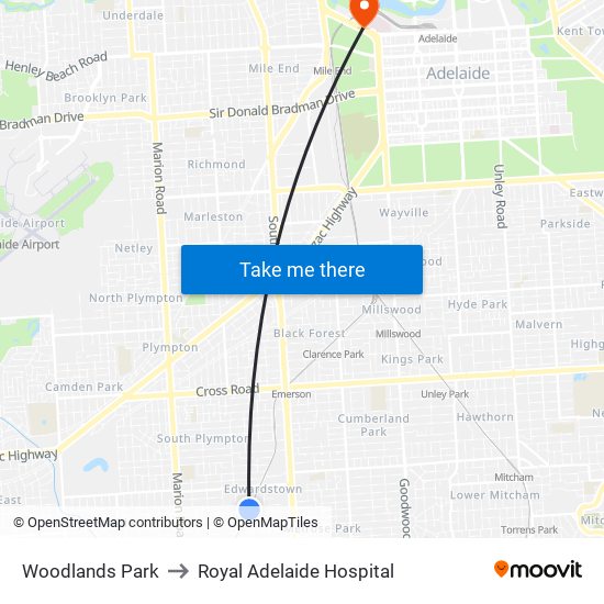 Woodlands Park to Royal Adelaide Hospital map