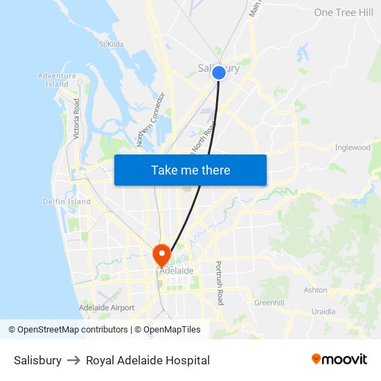 Salisbury to Royal Adelaide Hospital map
