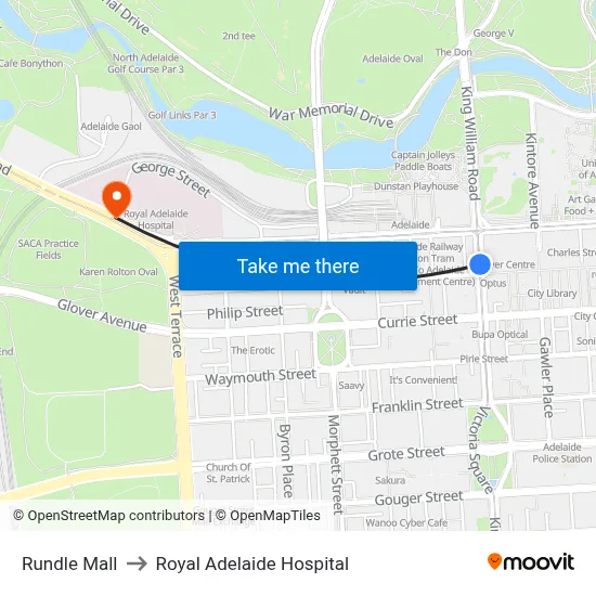 Rundle Mall to Royal Adelaide Hospital map