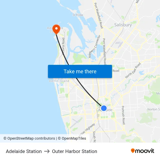 Adelaide Station to Outer Harbor Station map