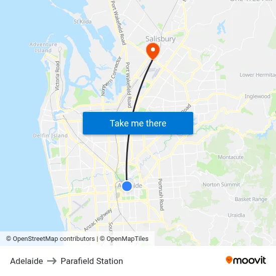 Adelaide to Parafield Station map