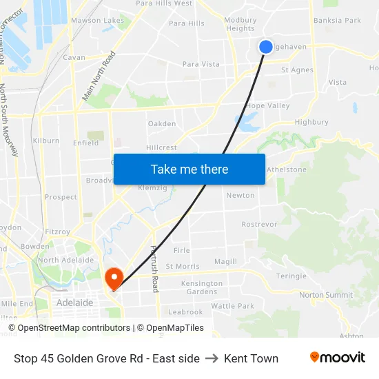 Stop 45 Golden Grove Rd - East side to Kent Town map