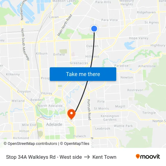 Stop 34A Walkleys Rd - West side to Kent Town map