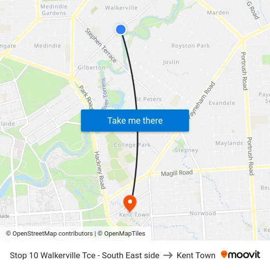 Stop 10 Walkerville Tce - South East side to Kent Town map