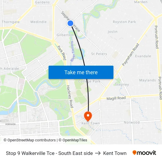 Stop 9 Walkerville Tce - South East side to Kent Town map