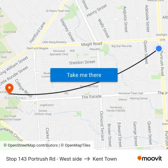 Stop 143 Portrush Rd - West side to Kent Town map