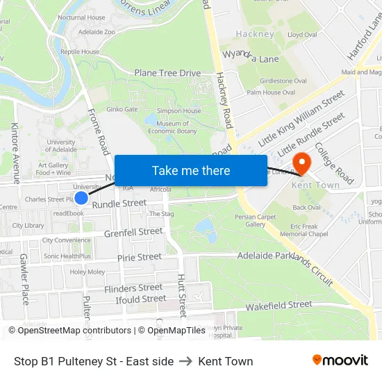 Stop B1 Pulteney St - East side to Kent Town map