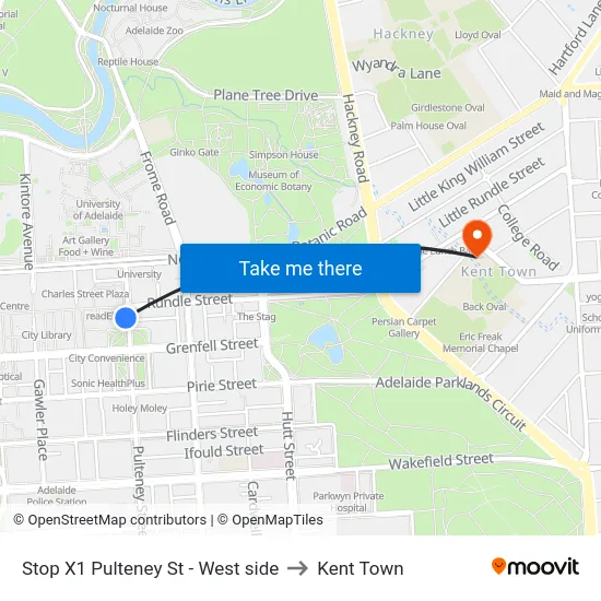 Stop X1 Pulteney St - West side to Kent Town map