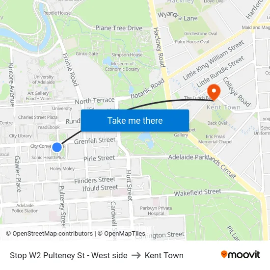 Stop W2 Pulteney St - West side to Kent Town map