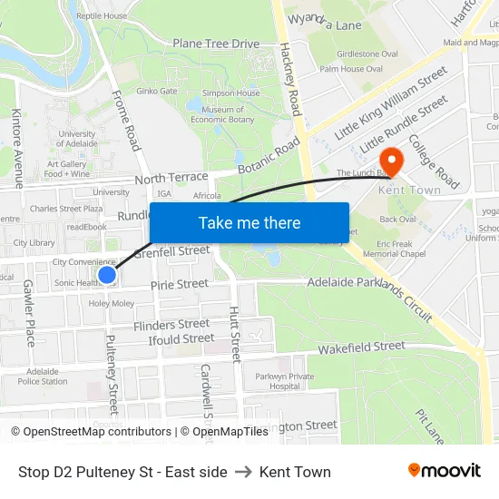 Stop D2 Pulteney St - East side to Kent Town map