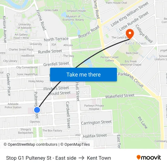 Stop G1 Pulteney St - East side to Kent Town map