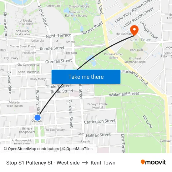 Stop S1 Pulteney St - West side to Kent Town map