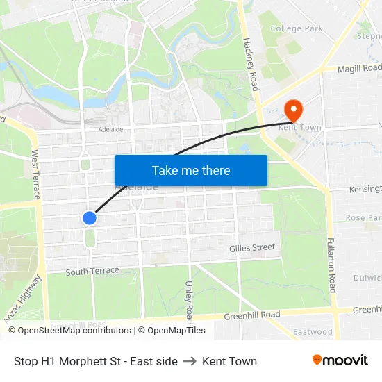 Stop H1 Morphett St - East side to Kent Town map