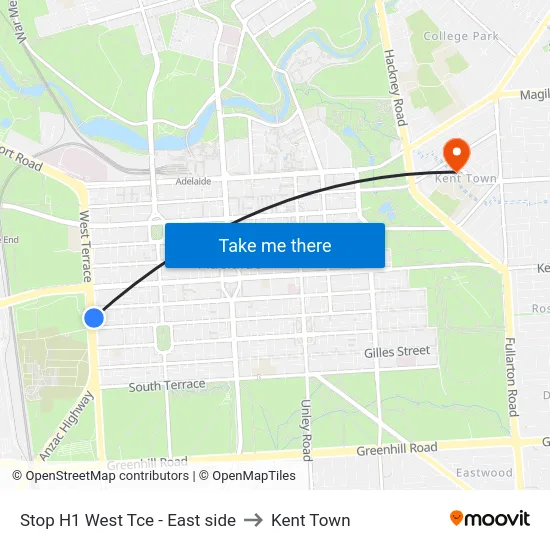 Stop H1 West Tce - East side to Kent Town map