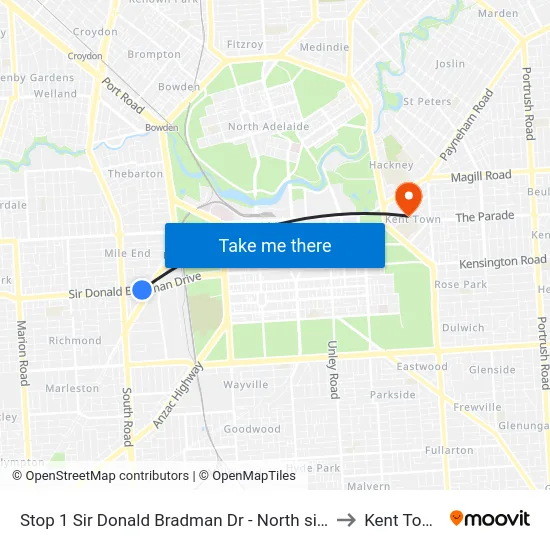 Stop 1 Sir Donald Bradman Dr - North side to Kent Town map