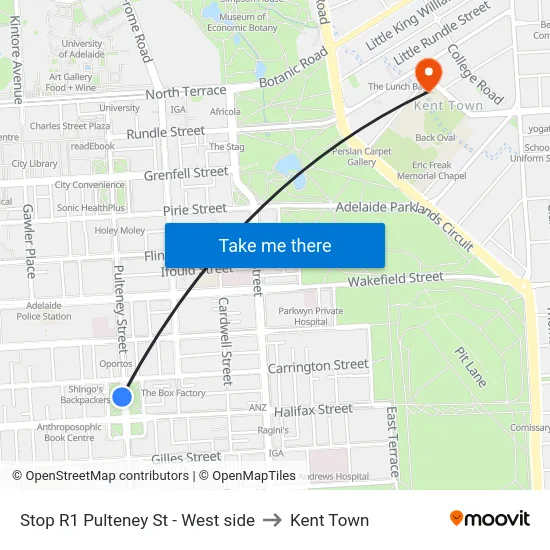 Stop R1 Pulteney St - West side to Kent Town map