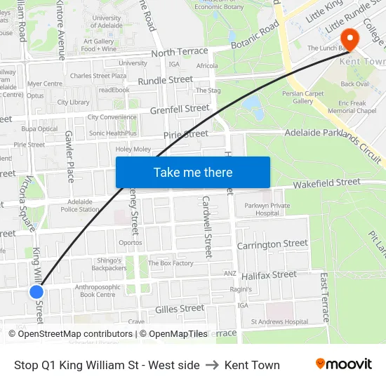 Stop Q1 King William St - West side to Kent Town map