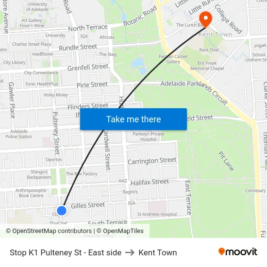 Stop K1 Pulteney St - East side to Kent Town map