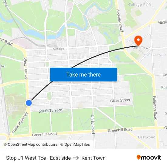 Stop J1 West Tce - East side to Kent Town map